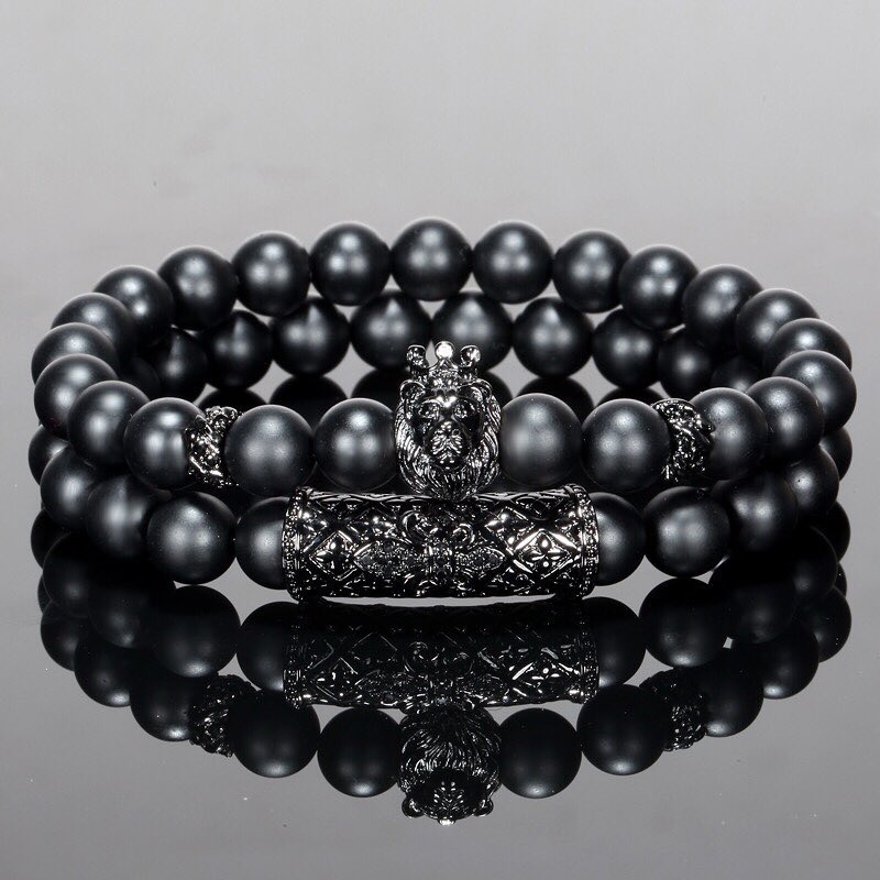 2pcs/set Fashion men's Bracelet 8MM Natural stone charm Lion Titanium steel anchor tube Holiday gift jewelry Valentine's Day Christmas