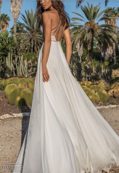 2021 Simple Wedding Dress Sexy Spaghetti Lace Appliques Beaded Bridal Gowns Side Split Chiffon Beach Wedding Dresses Criss Cross Back