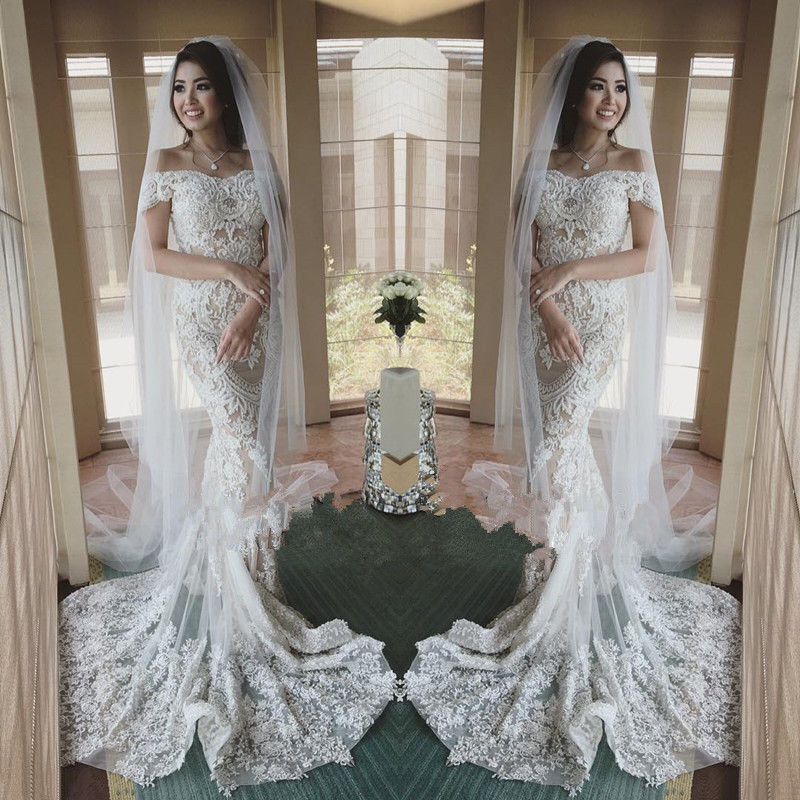 Luxury Beads Mermaid Wedding Dresses With Detachable Train Off The Shoulder Lace Appliqued Boho Bridal Gowns Custom Made vestido de novia