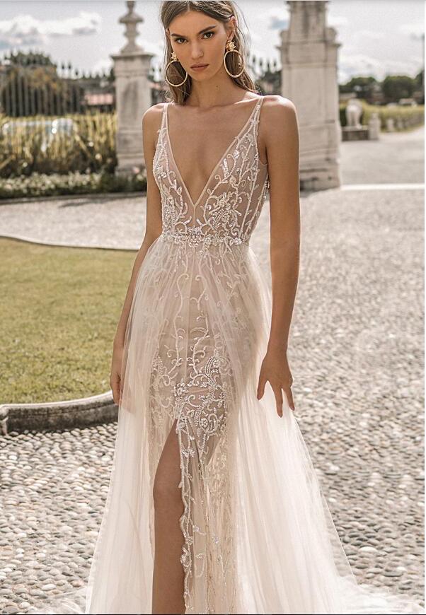 Berta Dresses A e Deep V Neck Sexy Backless Sweep Train Sleeveless Beach Wedding Dress Beaded Sequins Vestido De Novia