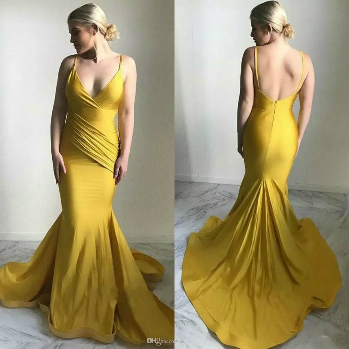Sexy Spaghetti Straps Mermaid Evening Dresses Daffodil Backless Ruffles Sweep Train Prom Dress Formal Bridesmaid Dresses