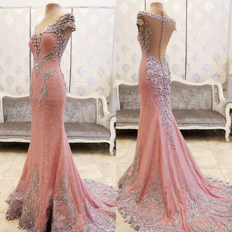 Gorgeous Luxurious Pink Prom Dress Sparkling Crystals Beaded Sheer Neckline Appliques Pageant Dress Fashion Dubai Mermaid Evening Dresses