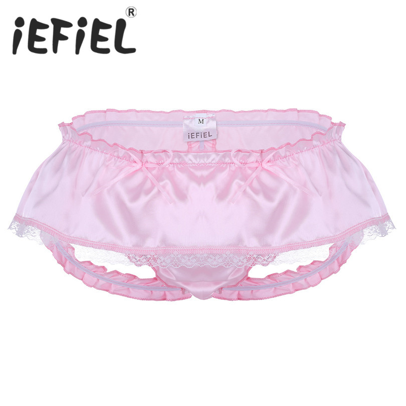 iEFiEL New Arrival Fashion Mens Lingerie Soft Shiny Satin Ruffled 3 Bum Straps Skirted Panties Sissy Lacework Briefs Underwear
