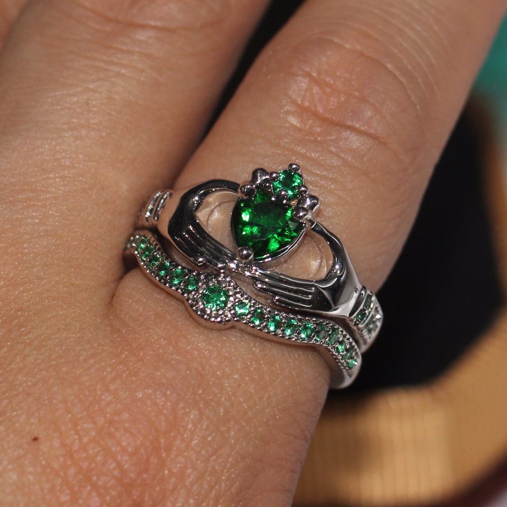Vecalon Lovers 5 Colors Birthstone claddagh ring 5A Zircon Cz White gold filled Engagement wedding Band ring Set for women men