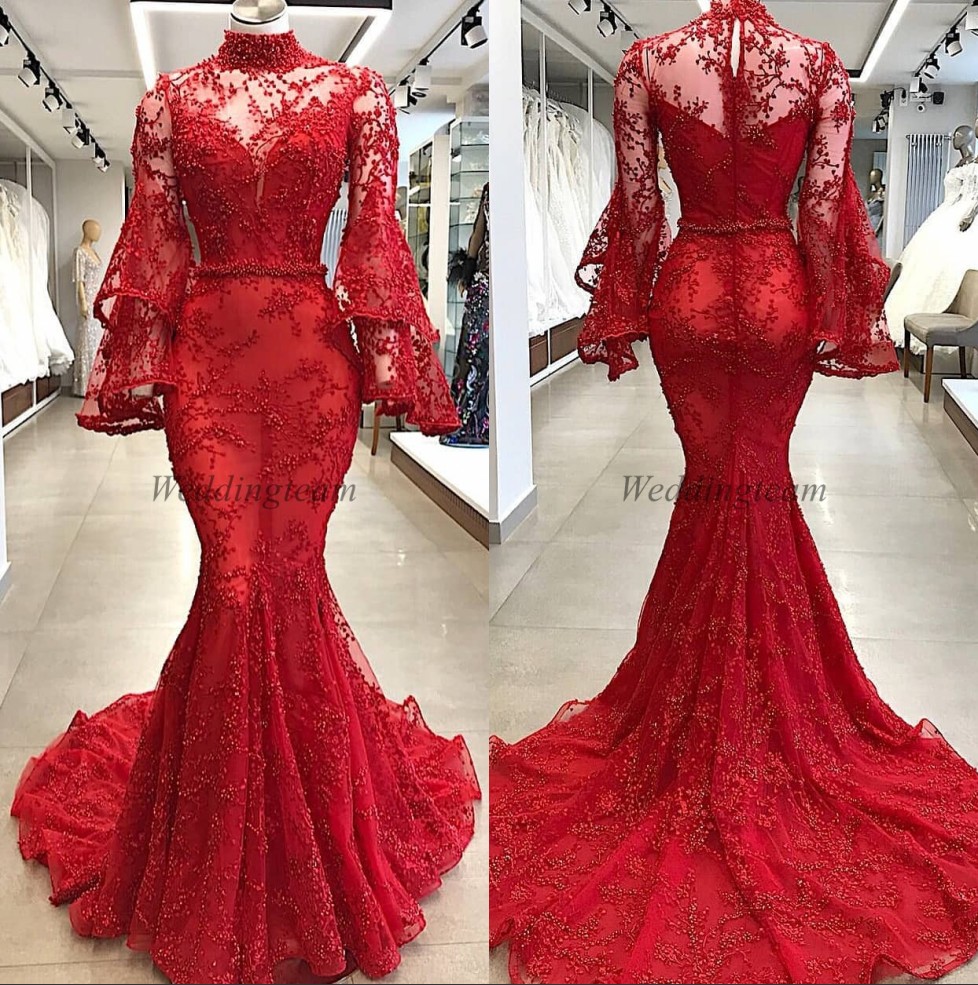 Modest Mermaid Lace Evening Dresses Beaded Sheer High Neck Long Sleeves Prom Gowns Sweep Train Plus Size Formal Dress, Chocolate
Modest Mermaid Lace Evening Dresses Beaded Sheer High Neck Long Sleeves Prom Gowns Sweep Train Plus Size Formal Dress, Chocolate