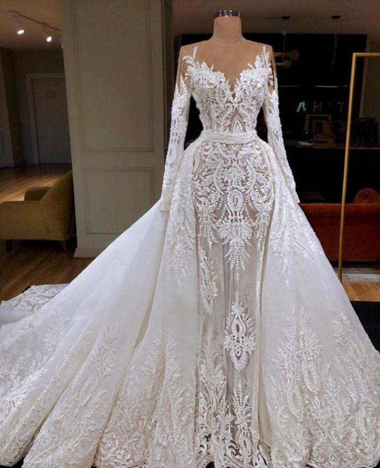 gorgeous lace wedding dresses sheer neck long sleeves appliques tulle over skirt illusion mermaid bridal dresses sexy robes de soire