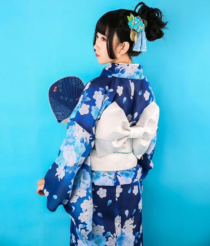 Japanese Standard kimono bathrobe suits traditional summer sacrifice Dress Lady Linen formal modified version kimono Beige Blue