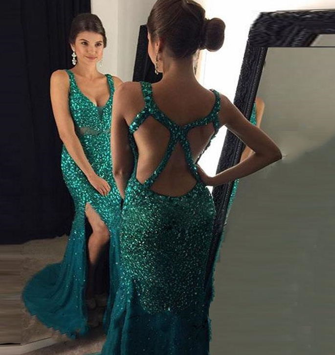 Sexy Gold Bling Prom Dresses Mermaid Crystal Beaded V-Neck High Side Split Floor Length Tulle Satin Long Formal Evening Gowns Custom