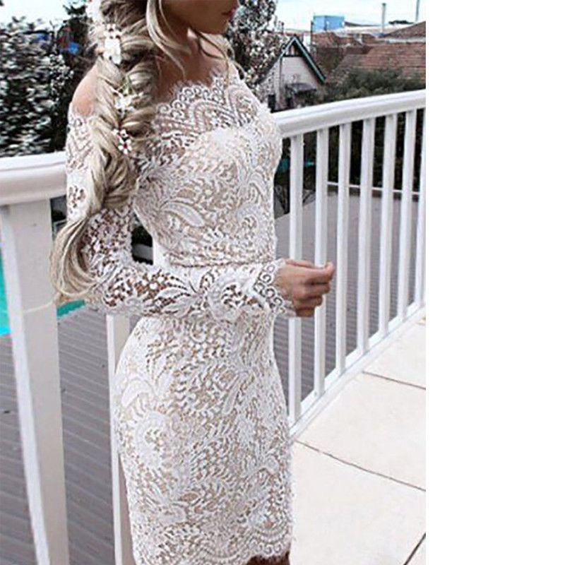 2018 Fashion Women Ladies Elegant Long Sleeve Lace Floral Off Shoulder Dress Bodycon Slim White Casual Party Mini Dress Vestdios D1891304