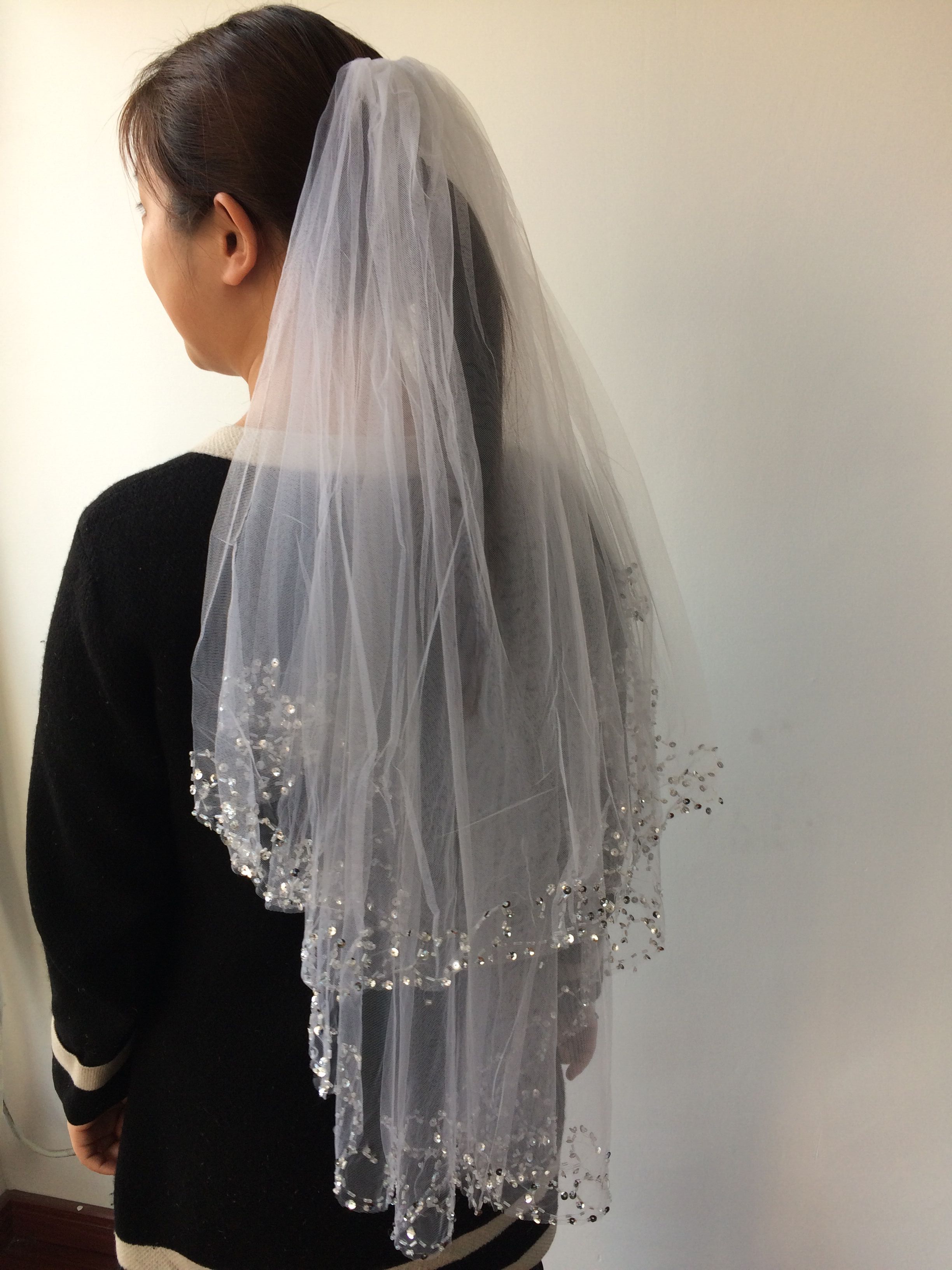 In Stock Cheap Tulle White Ivory Bridal Veils With Comb Elbow Length Two Layer Beads Pearls Edge Wedding Accessories 150 cm Long