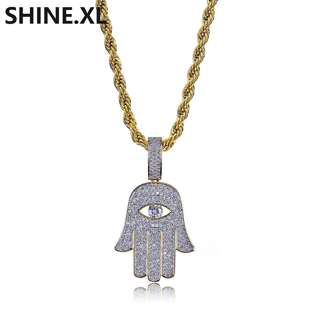 Hip Hop Evil Eye Hand Hamsa Pendant Necklace Womens Gold Color Plated Iced Out Micro Paved CZ Chain