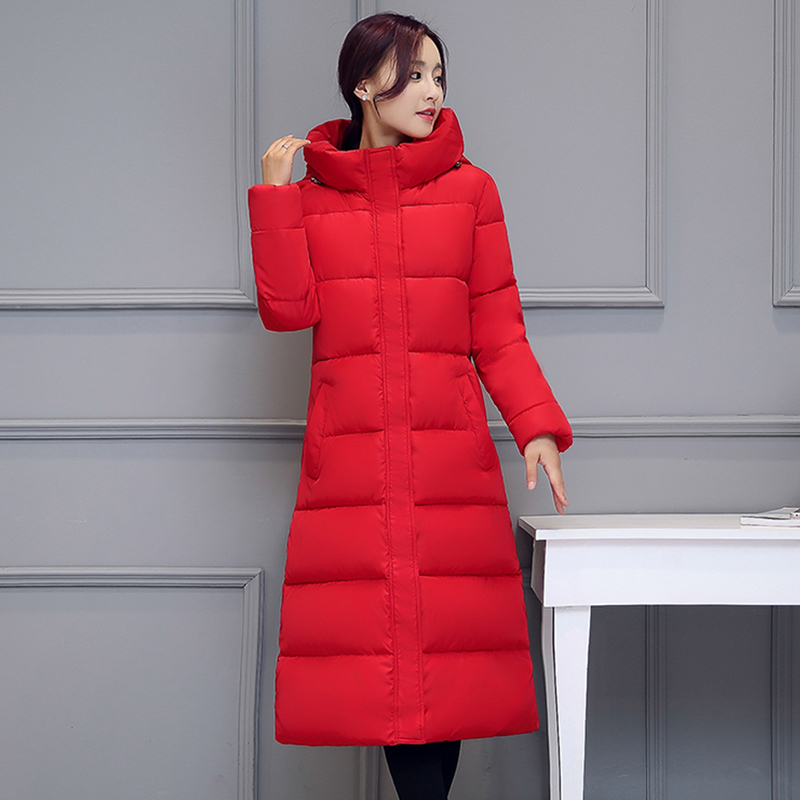 High quality 2018 stand collar coat women winter long hooded with a hat warm thicken womens jacket solid padded female parka S18101103