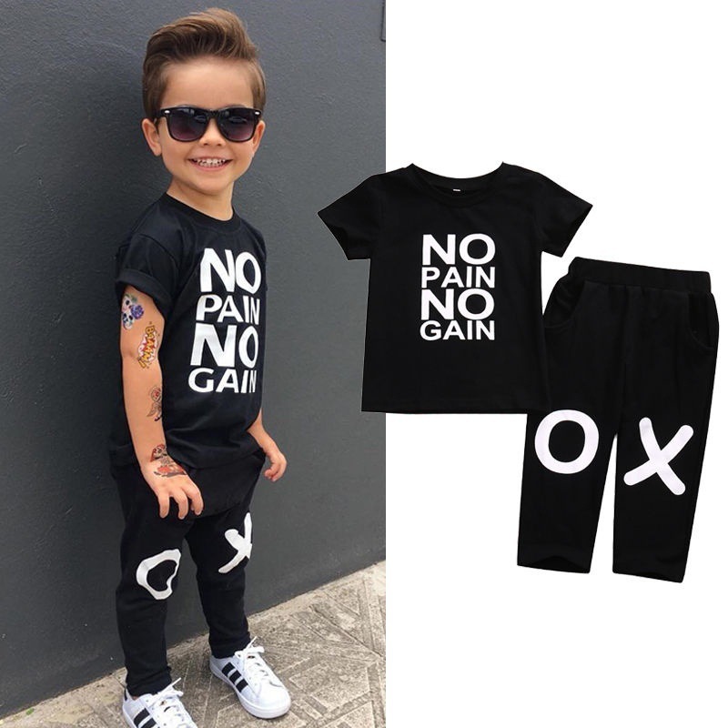 Summer Suit Kids Baby Boy Outfits Short Sleeve No pain no gain Letters Printed T-shirt Top Pants Black Children Clothing 2 pcs Sets
Summer Suit Kids Baby Boy Outfits Short Sleeve No pain no gain Letters Printed T-shirt Top Pants Black Children Clothing 2 pcs Sets