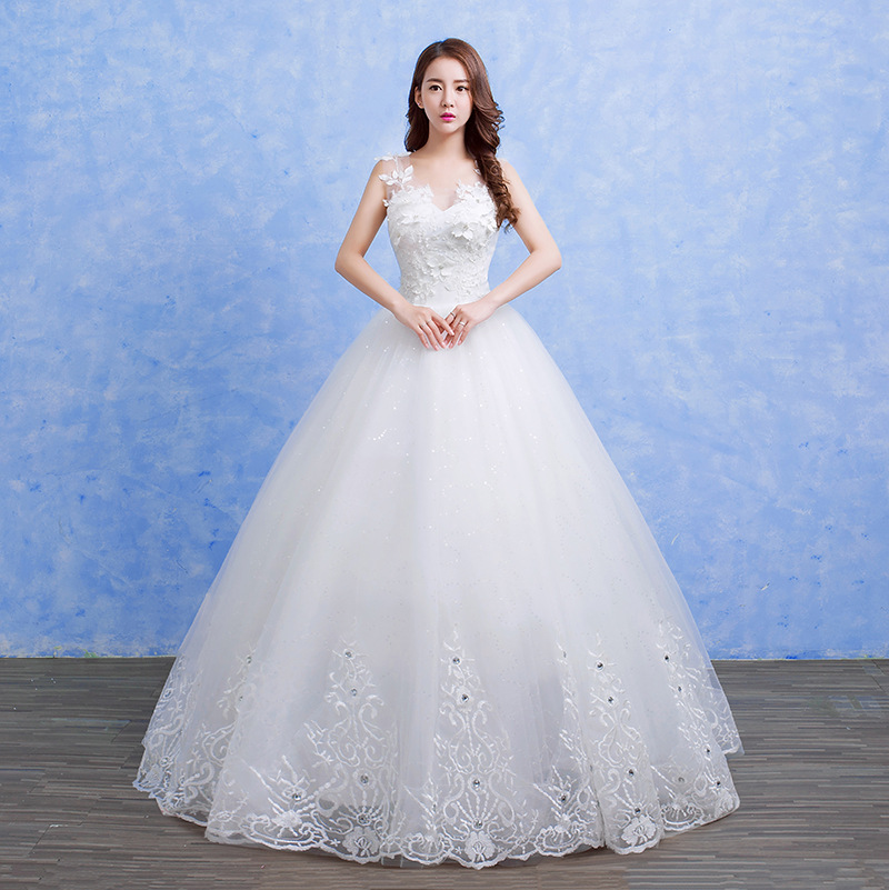 

Sexy V Neck Lace Wedding Dress 2018 New Korean styl Real Photo Appliques Flower Sweet Pricess Vestidos De Novia Bridal Gown, White