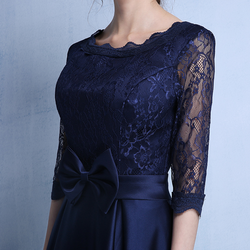 Elegant Satin with Lace Tea Length Mother of the Bride Dresses Detachable Bow Wedding Party Dresses Half Sleeves L&P DQL Studio