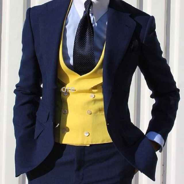 Brand New Navy Blue Men 3 Piece Suit Wedding Tuxedos Groom Tuxedos Notch Lapel One Button Men Dinner Prom Blazer(Jacket+Pants+Tie+Vest ) 646