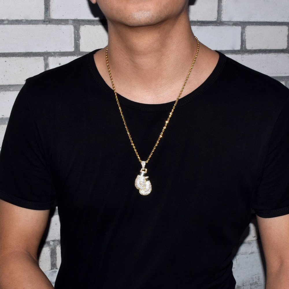 Men Bling Boxing Gloves Pendant Necklace With Rope Chain Silver Gold Color Iced Out Cubic Zircon Hip hop Jewelry