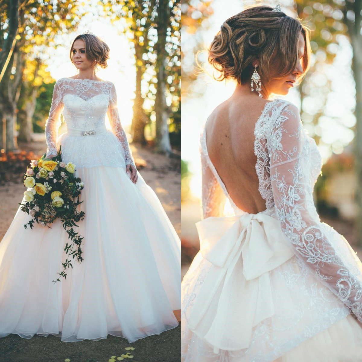 2018 Country Style Wedding Dress Bateau Neck Lace Long Sleeves Sequins Backless Tulle Bridal Gowns With Bow Sash Design