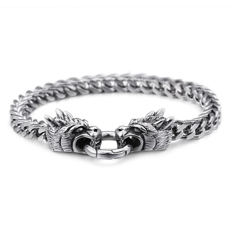 Men's Thick Heavy Stainless Steel Bracelet Classic Chinese Dragon Head Buckle High Polished Double Layers Snake Chain Bracelets