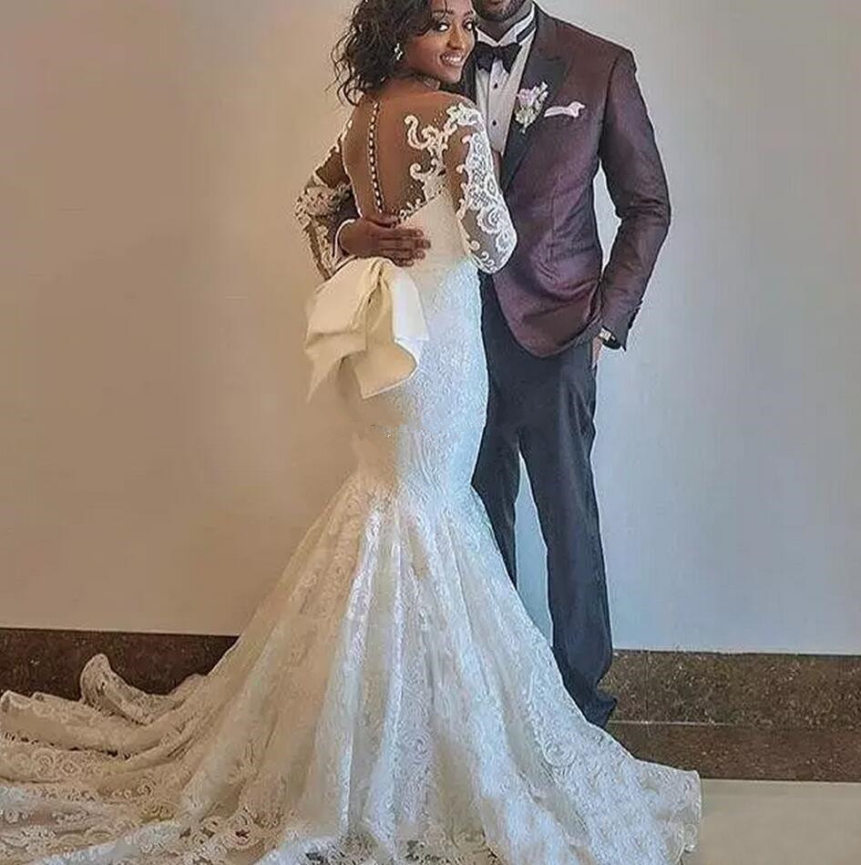 Plus Size Mermaid African Lace Wedding Dresses 2019 Detachable Train Beaded Pearls Nigeria Arabic Overskirt Bridal Gowns With Big Bowknot