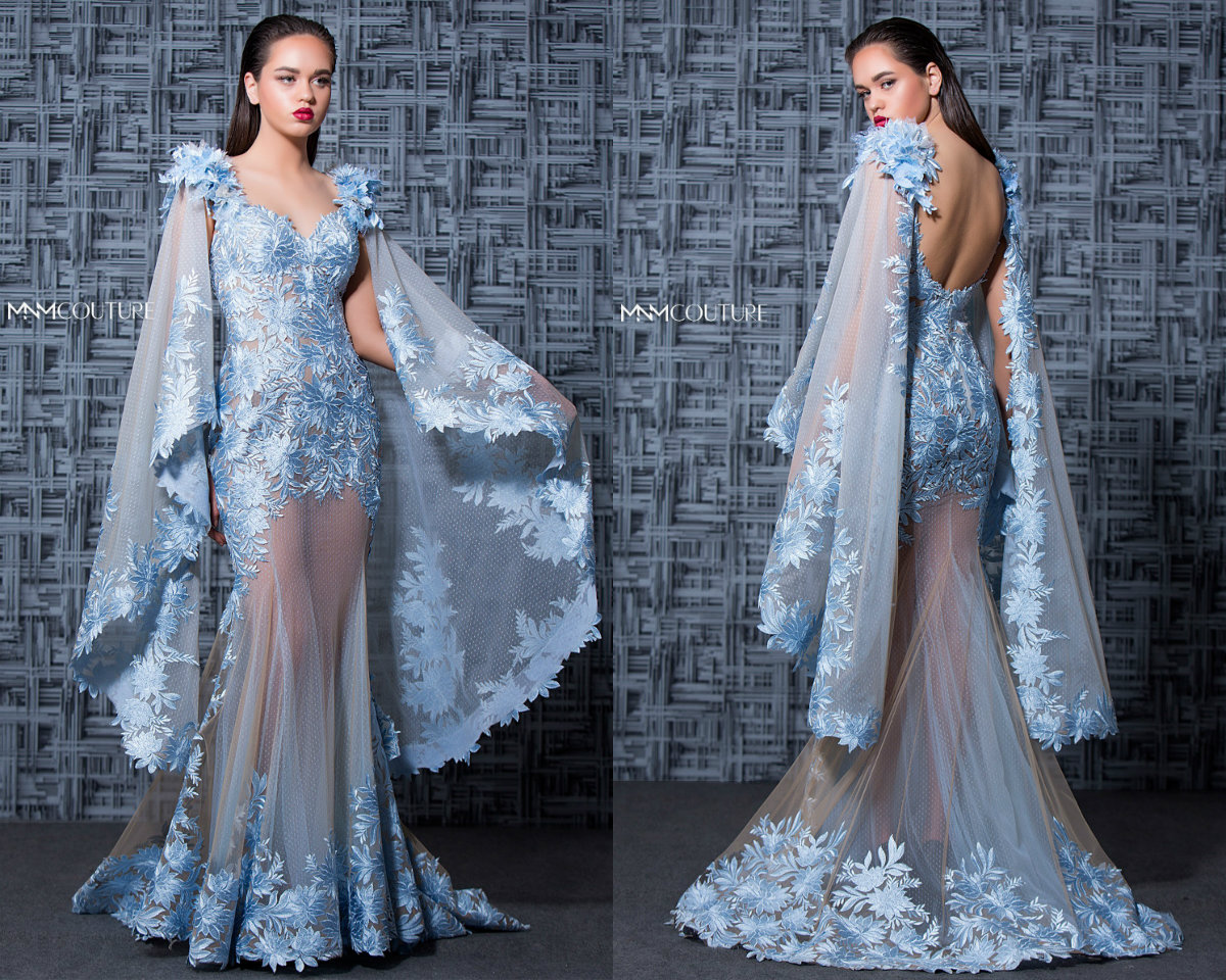 MNM Couture Mermaid Prom Dresses Lace Applique V Neck Sweep Train 3D Floral Flower Illusion Luxury Evening Gowns Formal Dress Evening Party