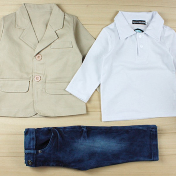 Kids Clothing Boys Clothing Set Casual Children Boy Gentleman Suit Jacket+T-shirt+Denim Jean Pants 3pcs Clothing Sets