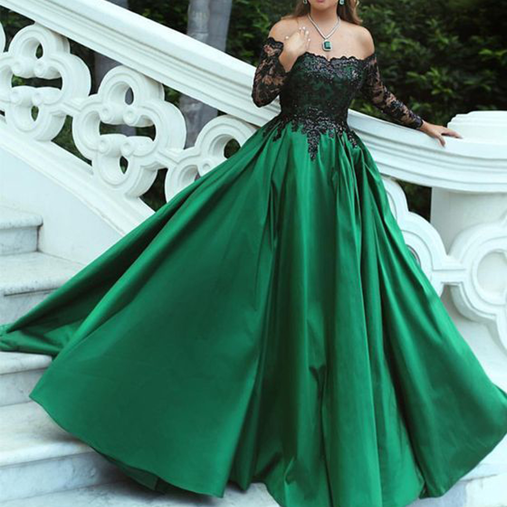 Green Evening Dresses Off the Shoulder Lace Appliques Long Transparent Sleeve Satin Ball Gown Floor Length Evening Gowns Vestidos de Fiesta от DHgate WW