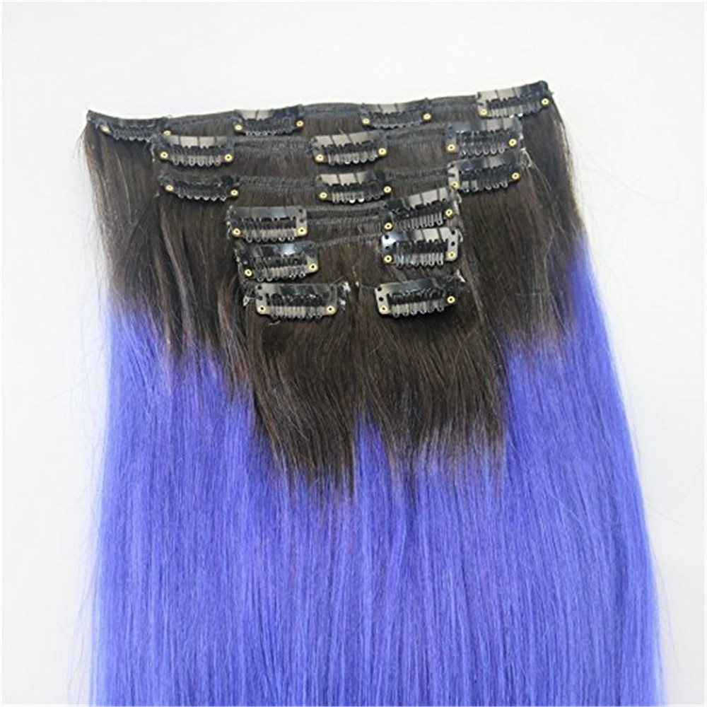 Clip in Remy Hair extensions Ombre 1B to Blue Balayage Clip in Human Hair Extensions Double Weft Hair Extensions Straight 7pcs 120g