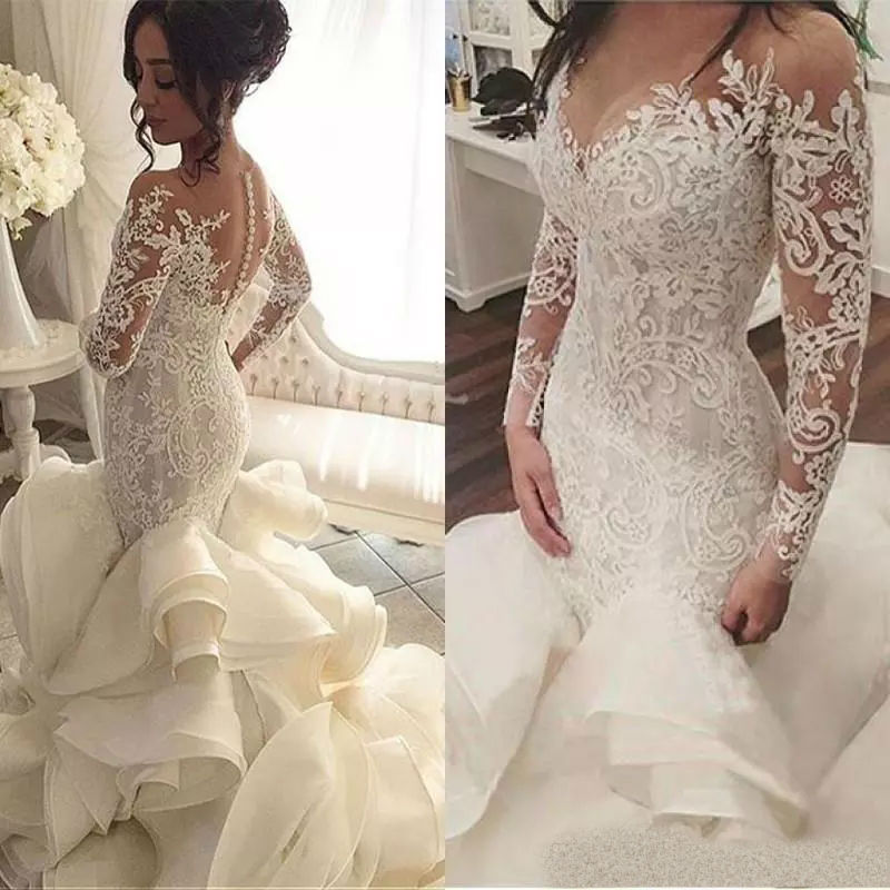 Newest Long Sleeves Mermaid Wedding Dress Vestido De Noiva Sheer Lace Applique Tiered Train Bridal Gowns Custom Made