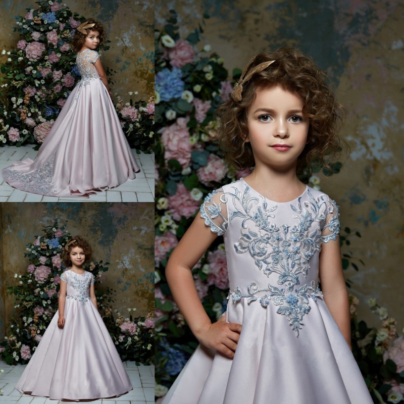 Pentelei 2019 Satin Flower Girl Dresses For Beach Weddings Lace Appliqued Little Kids Baby Gowns Cheap Jewel Neck Long Communion Dress