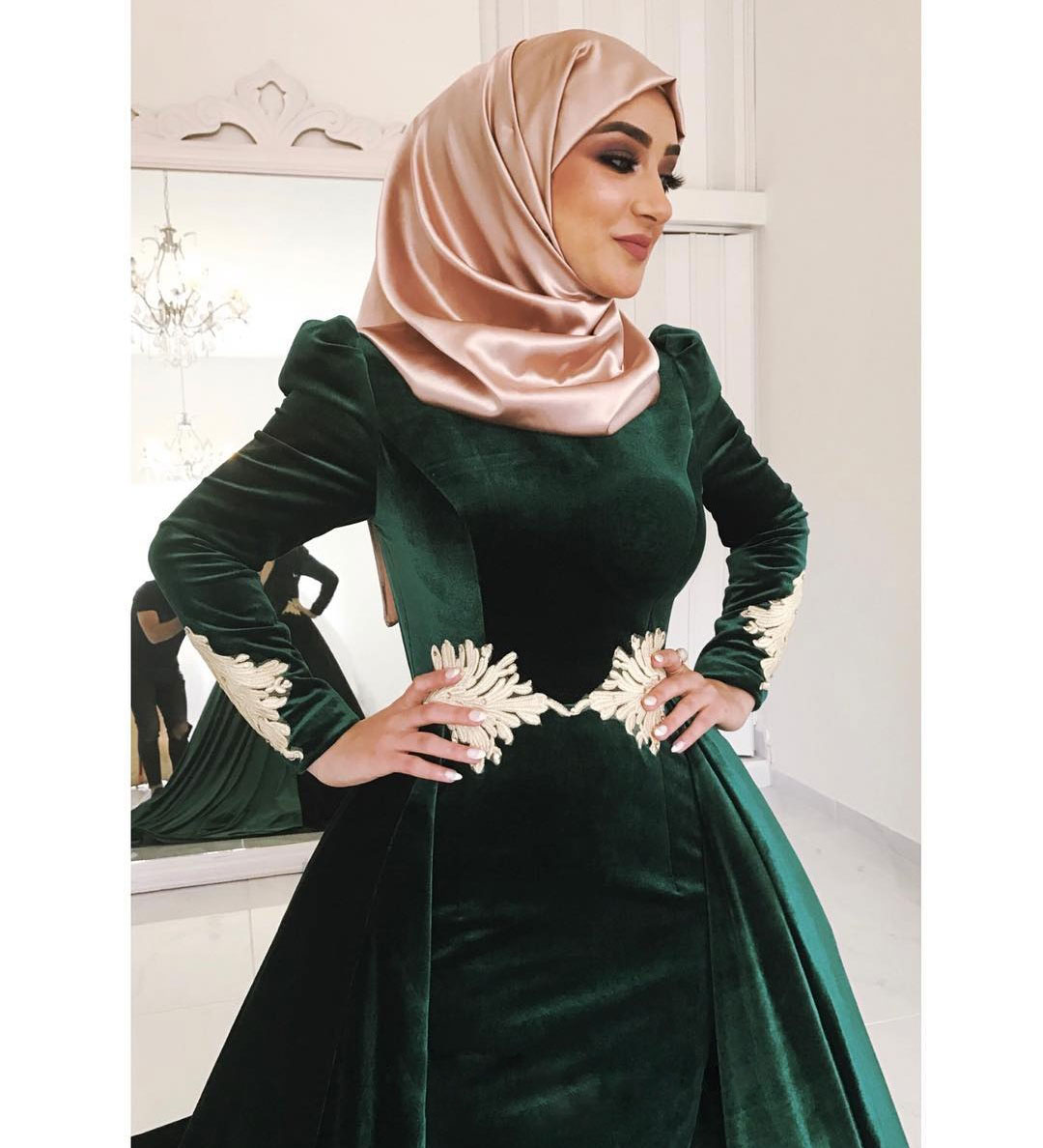 Hunter Green Velvet Muslim Evening Dresses High Neck Appliqued Plus Size Prom Gowns Long Sleeves Vestidos De Fiesta Overskirt Formal Dress