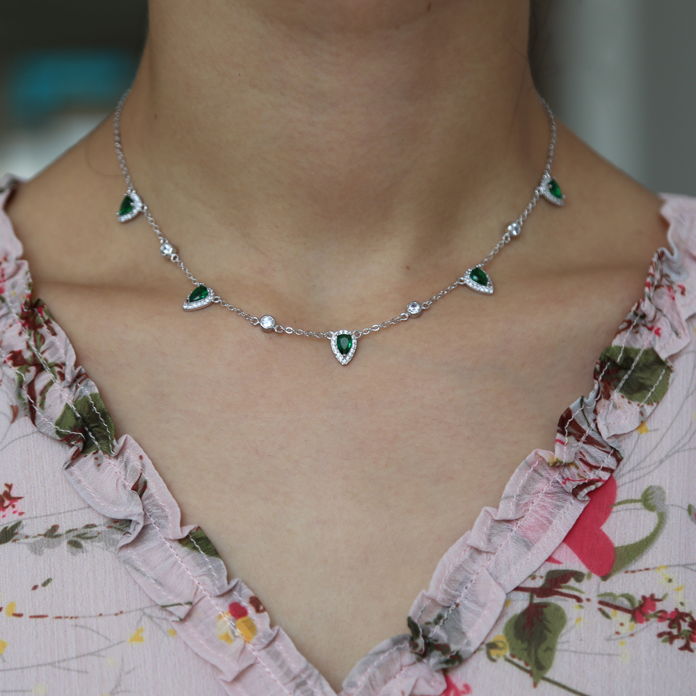 35+10cm choker silver plated women necklace fashion jewelry water drop charm Green emerald clear cz stone paved Gorgeous women jewelry