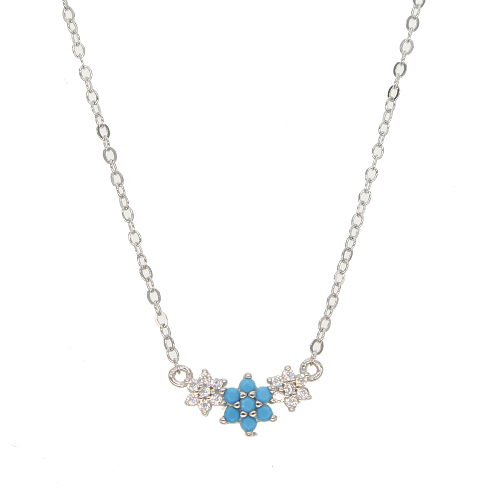 white cz blue turquoise gemstone elegance three flower necklace lovelly 925 sterling silver jewelry minimal dainty silver new jewelry