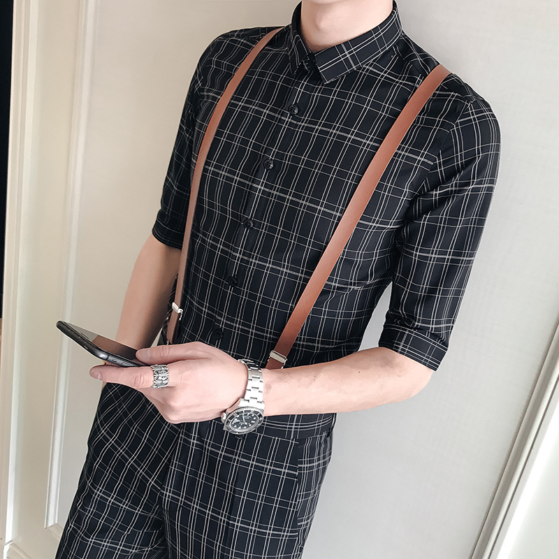 2pcs Vintage Plaid Office Men Set Slim Fit Mens Summer Shirts Heren Kleding Ankle Length Men Slim Fit Plaid Pants Moda Hombre