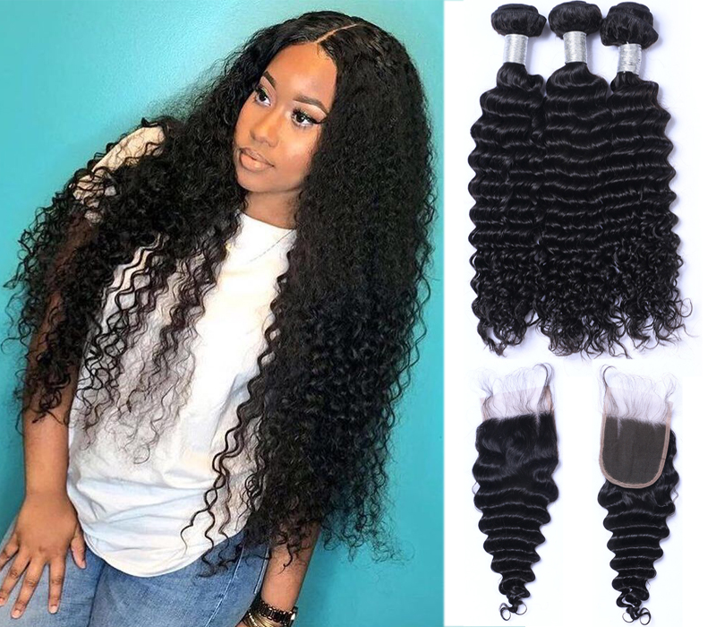 Peruvian Deep Wave Hair Bundles with Closure Free Middle 3 Part Double Weft Human Hair Extensions Dyeable Human Hair Weave