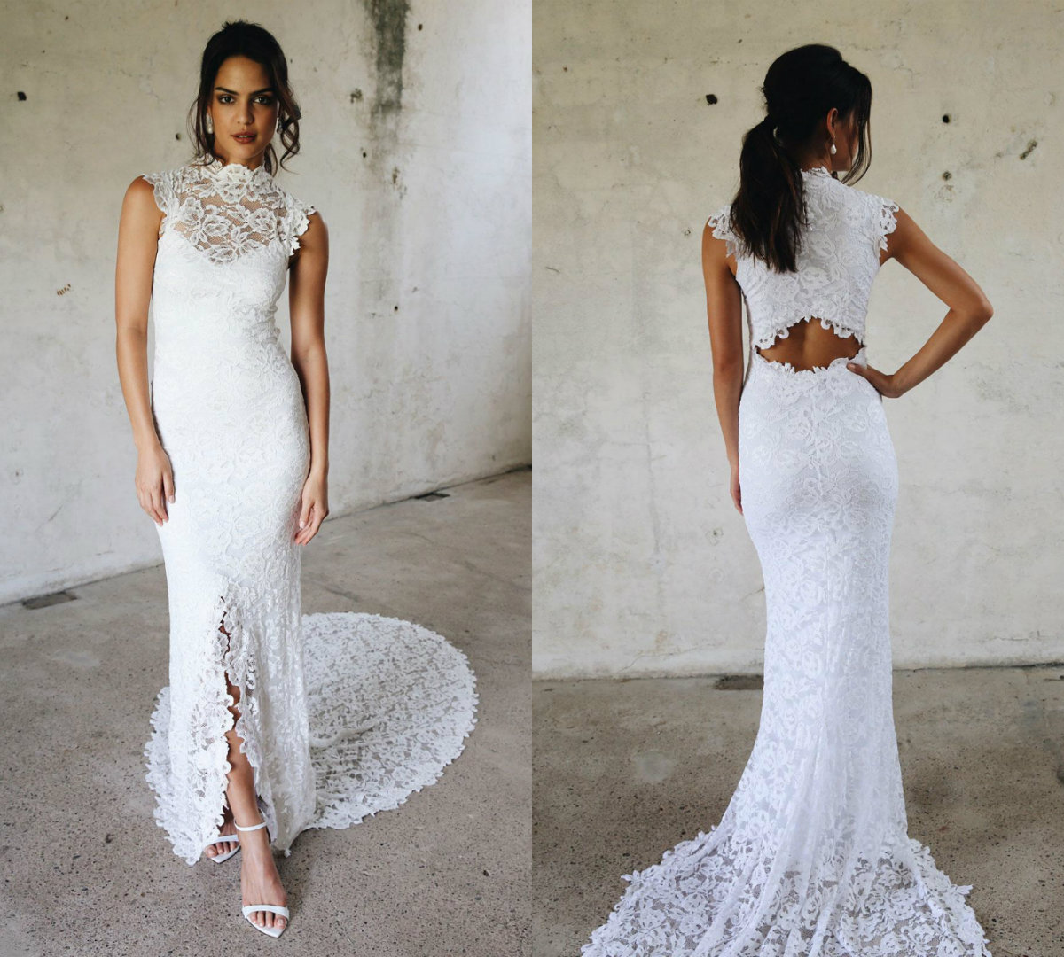 2019 Country Wedding Dresses High Neck Front Split Lace Sexy Mermaid Wedding Dress robe de mariée Sweep Train Plus Size Bridal Gowns Garden