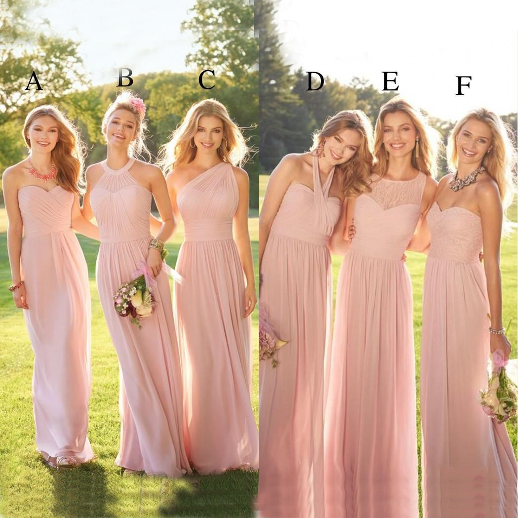 2020 Hot Pearl Pink Cheap Long Lace Chiffon Bridesmaid Dresses Mixed Style Blush Country Formal Prom Party Dress Ruffles Custom Made BM0172
2020 Hot Pearl Pink Cheap Long Lace Chiffon Bridesmaid Dresses Mixed Style Blush Country Formal Prom Party Dress Ruffles Custom Made BM0172