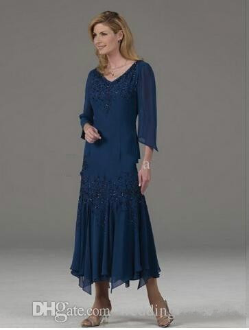 Tea Length Navy Mother Of The Bride Dresses V Neck Half Sleeve Beads Chiffon Formal Dress Plus Size Wedding Guest Dress