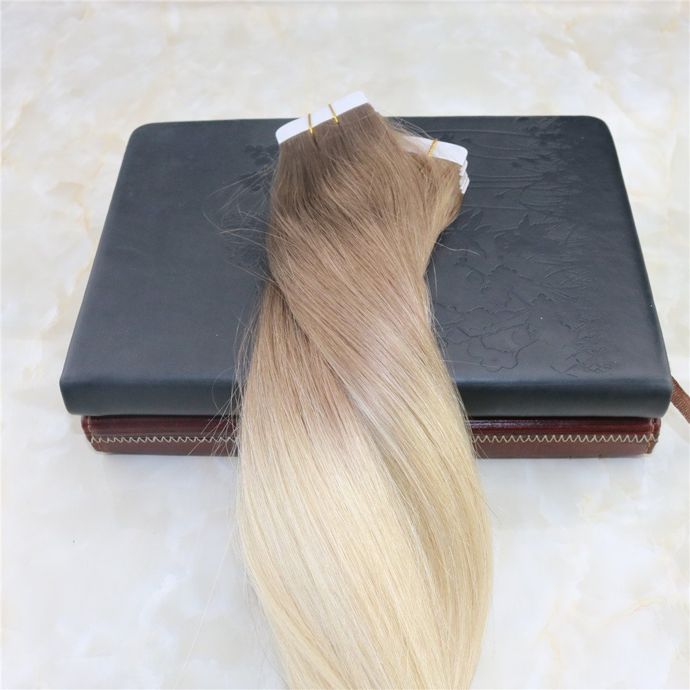 Glue in Hair Ombre Extensions Tape on Brazilian Remy Hair Fading Color Light Brown #6 to Bleach Blonde #613 Dip Dye Color Weft