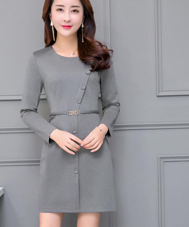 Free send 2017 spring and autumn new style Korean cultivate one's moral character round collar long sleeved dress female, Gray 
Free send 2017 spring and autumn new style Korean cultivate one's moral character round collar long sleeved dress female, Gray