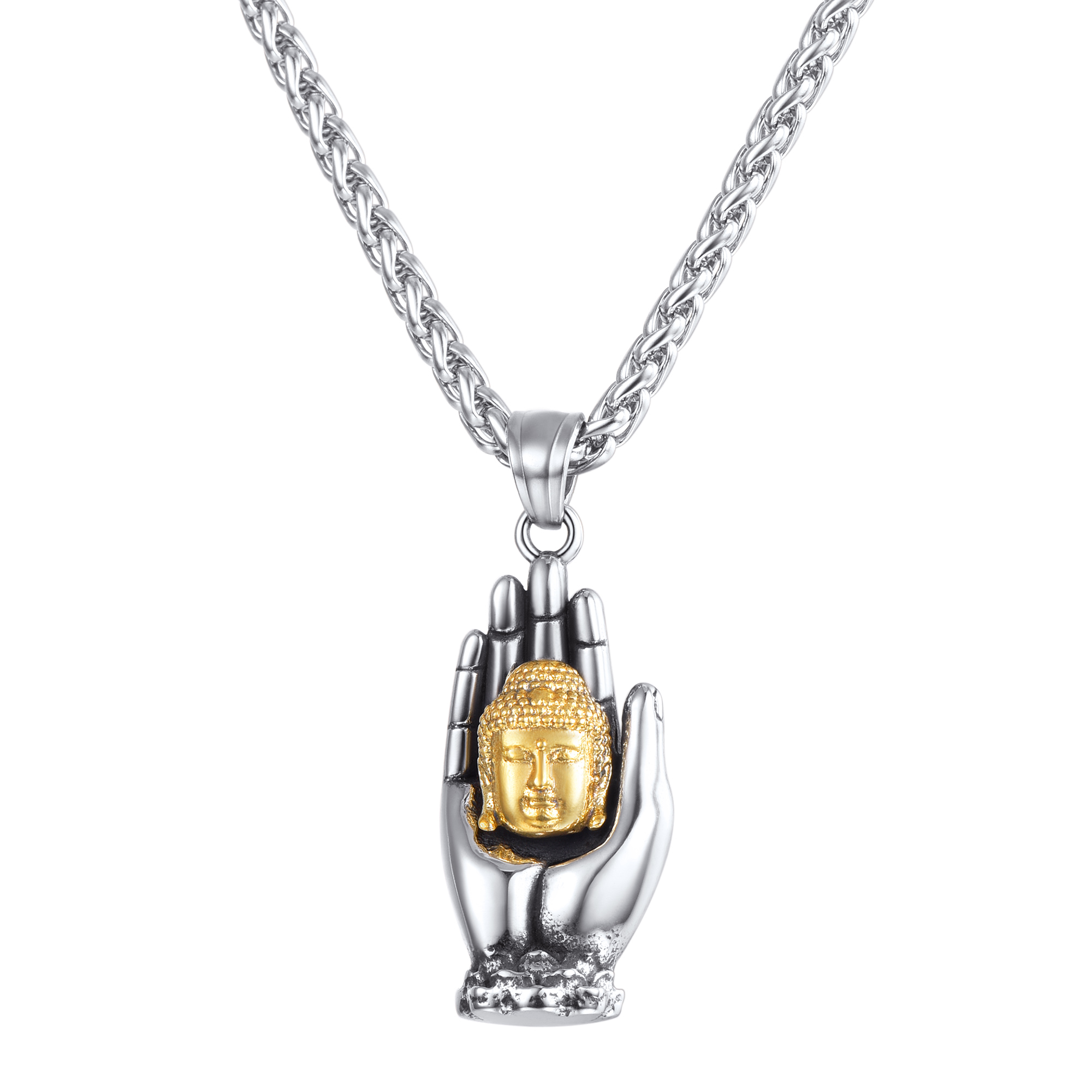 Unisex Stainless Steel Palm Buddhahead statue Pendent Necklace Religious Pray chain jewelry Accessory