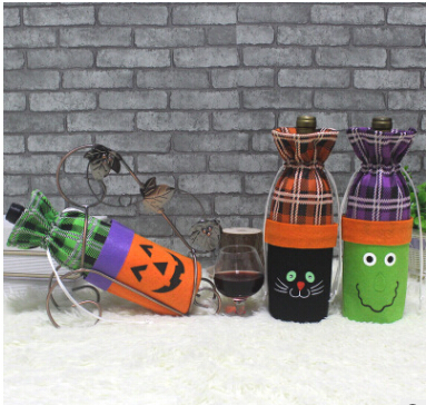 Halloween Red Wine Bottle Cloth Bag With Creative Cartoon Pumpkin Witch Black Cat Decoration Bottle Bags With Drawstring Closure