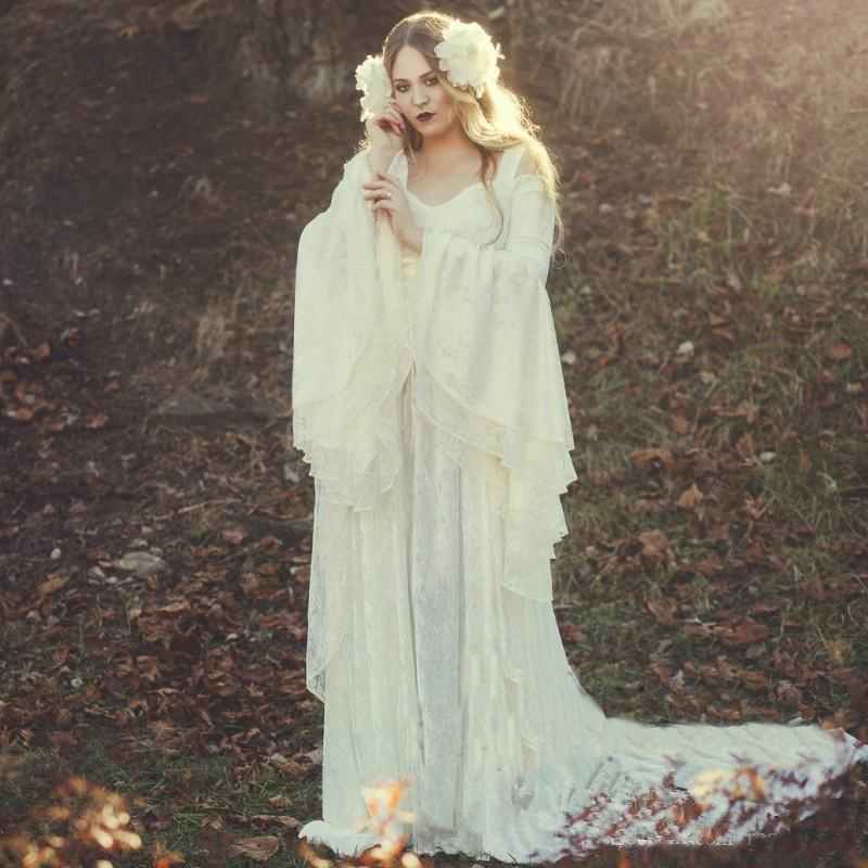 Vintage Lace Gothic Plus Size Wedding Dresses With Cloak A Line Bell Long Sleeve Medieval Country Bridal Gowns Informal Party Dresses