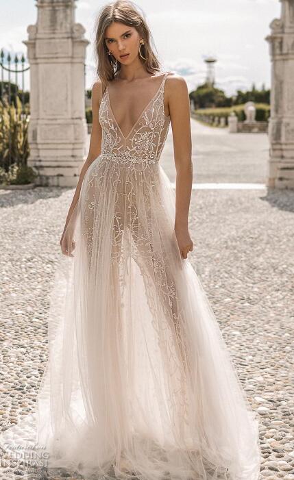 berta prive mermaid wedding dresses plunging neck backless lace bridal gowns see through boho slit wedding dress simple modest
