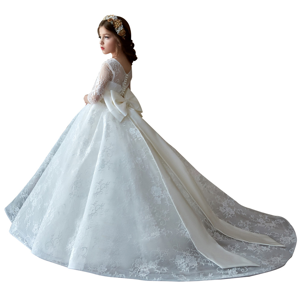 Miniature Wedding Dress 2026 3 Quarter Long Sleeves Big Bow Back Long First Communion Gown for Little Girls Handmade Flower Girl Toddler Infant Christ