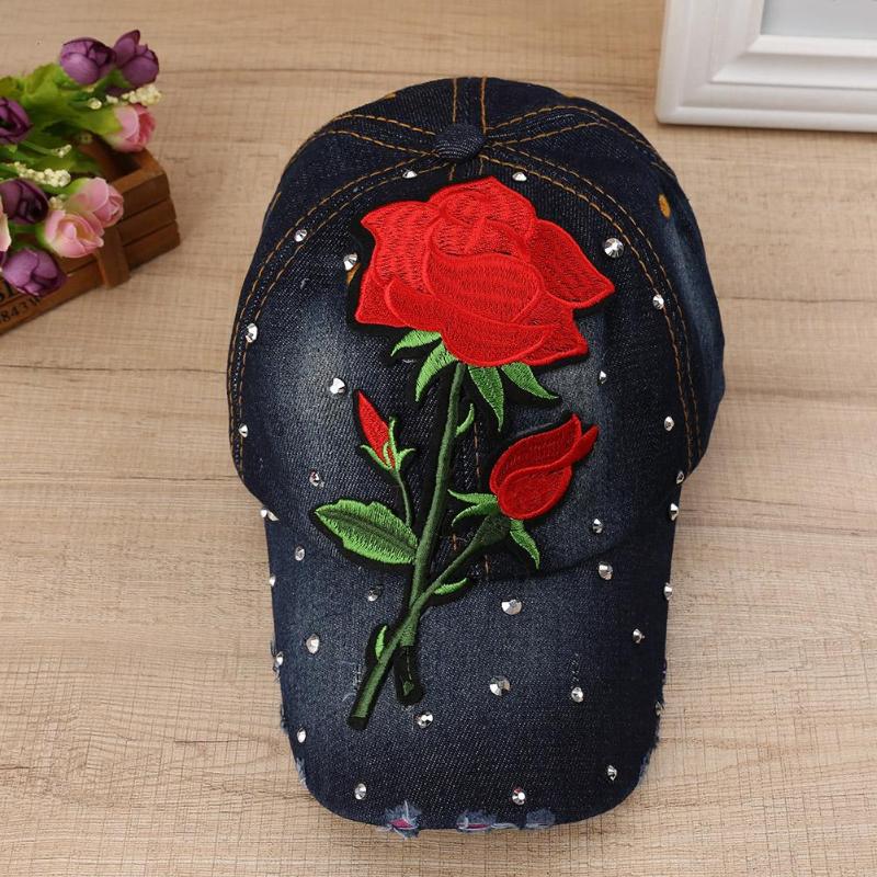 Bling Rhinestone Flower Denim Baseball Cap Women Fashion Embroidery Rose Snapback Hat Size Adjustable Caps