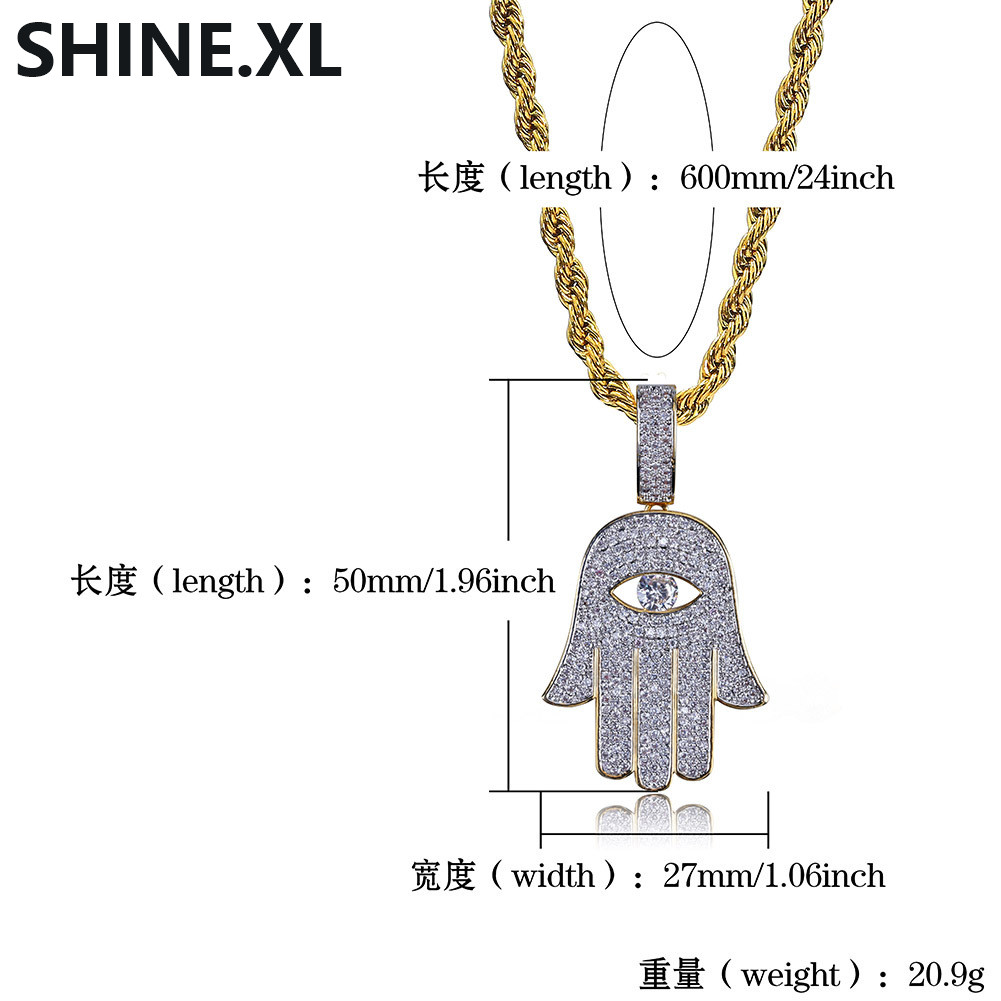 Hip Hop Evil Eye Hand Hamsa Pendant Necklace Womens Gold Color Plated Iced Out Micro Paved CZ Chain