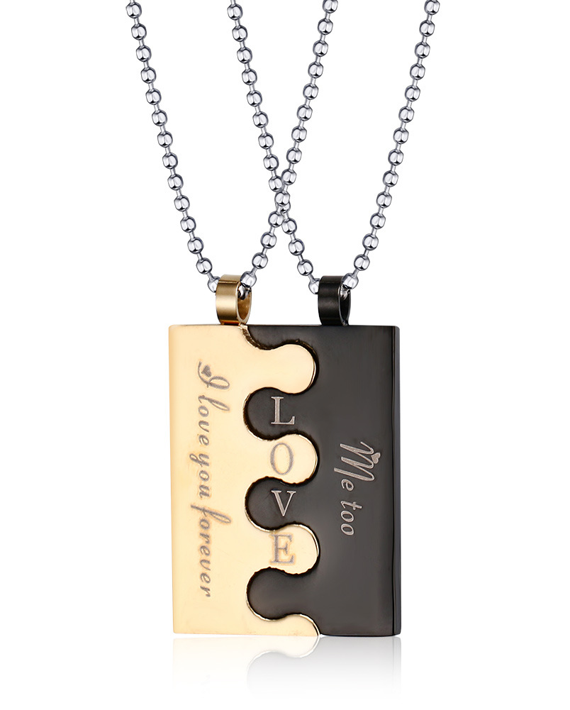 Stainless Steel Square Tag Puzzle Couple Pendant Necklace for Lover Valentine Promise,Free Chain