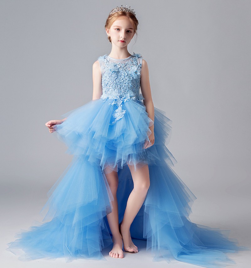 Latest Unique Design Multi Layers Pretty Kids Dresses With Detachable Train Sleeveless Ball Gown Pink And Blue Lovely Girl Dresses