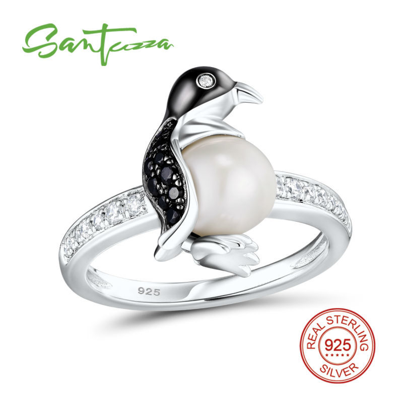 SANTUZZA Silver Penguin Pearl Ring For Women 925 Sterling Silver Trendy Fashion Rings for Women Cubic Zirconia Ringen Jewelry D18111306